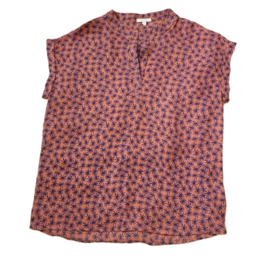 Pleione Artistic Star Burst Split Neck Short Cuff Sleeve Flowy Blouse Top L